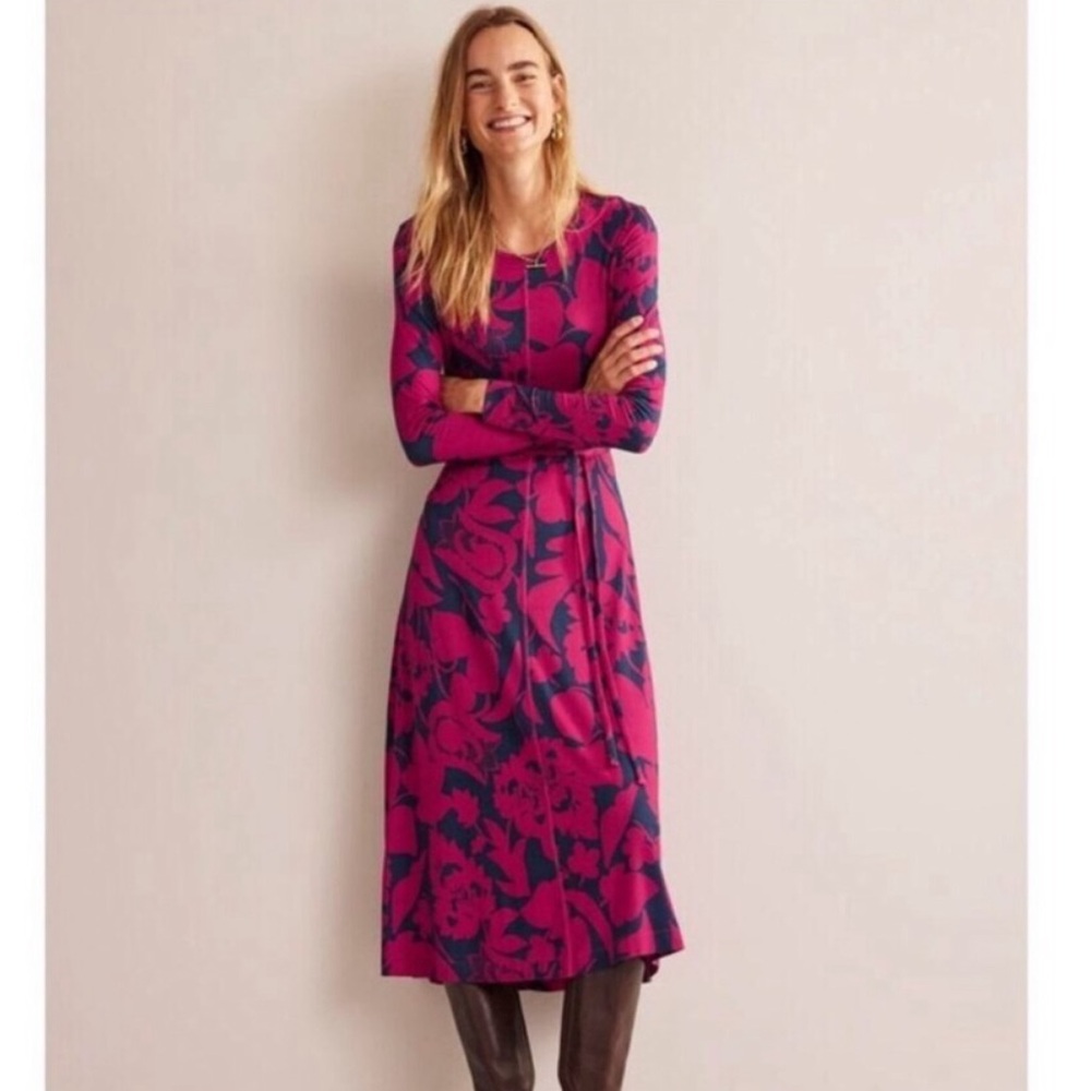 NWT Boden Lucy Jersey Midi Dress in Warm Cranberry Tulip Bloom 4R